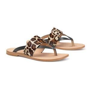 Trask Shay Leather Thong Sandal Slip On Leopard Print Calfhair 6